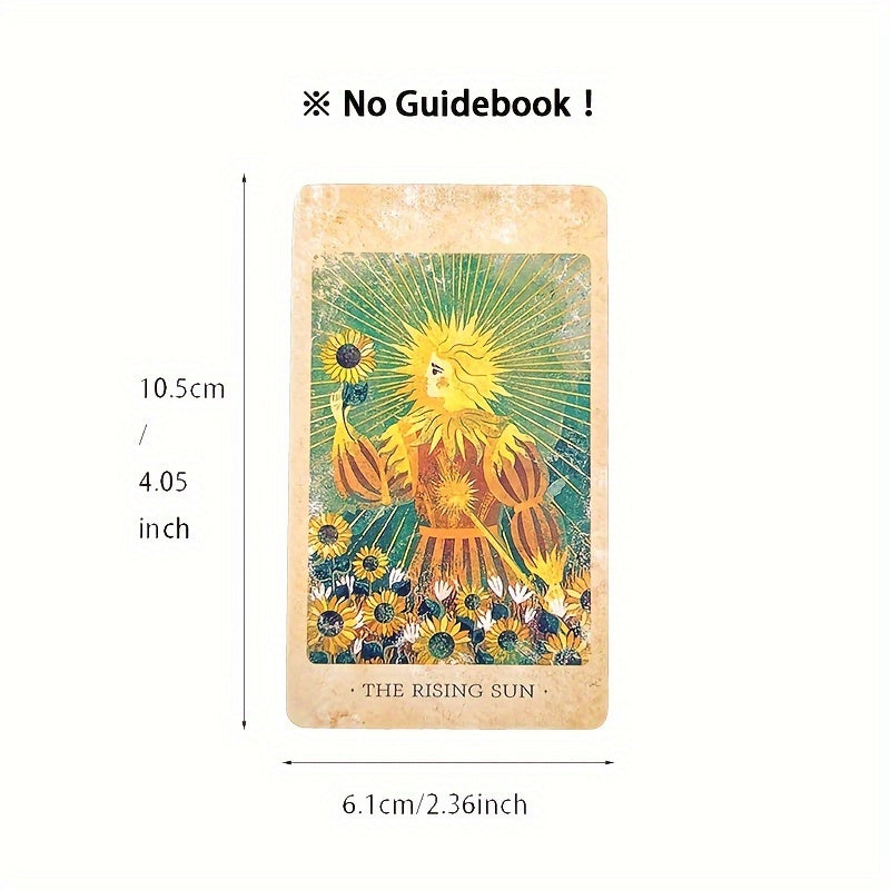 Tarot card titled 'The Rising Sun' with measurements on a white background