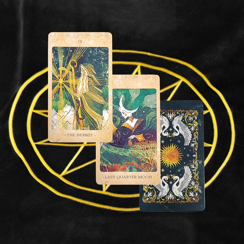 Three tarot cards with intricate designs on a black background with yellow star symbols.