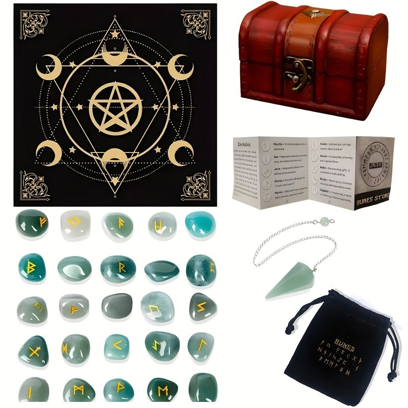 Collection of wiccan or pagan items including stones with symbols, a pentacle card, a wooden chest, and a pendulum.