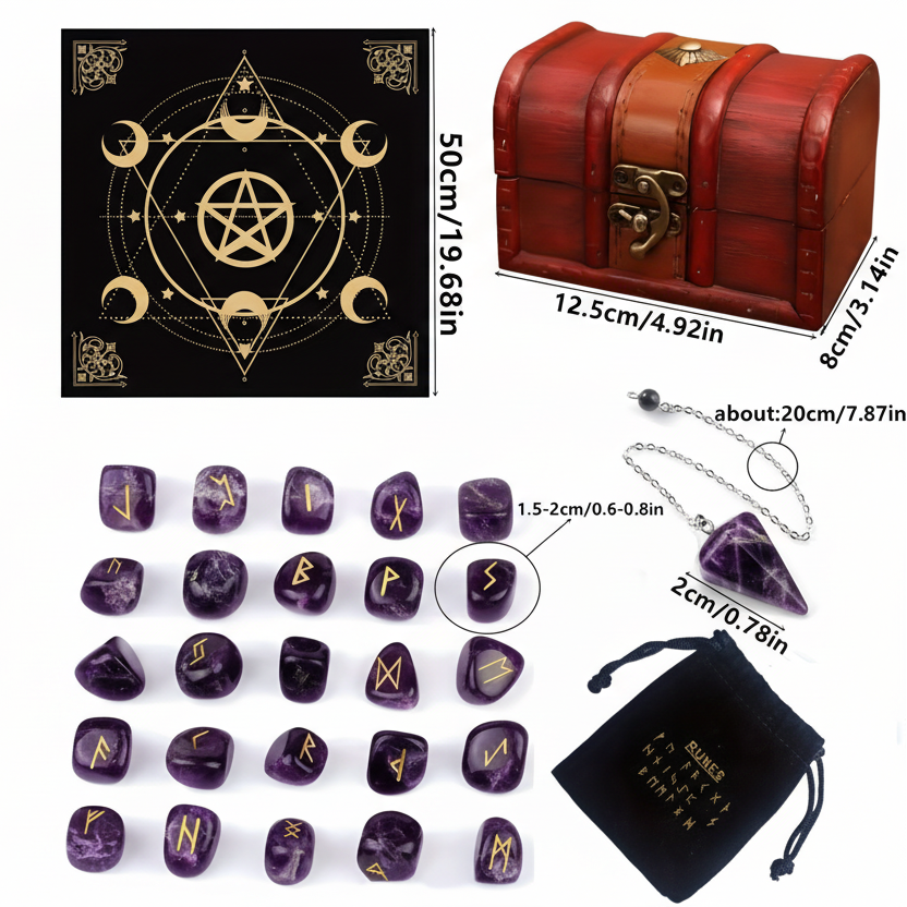 Natural Agate Rune Stone Set with Wooden Box