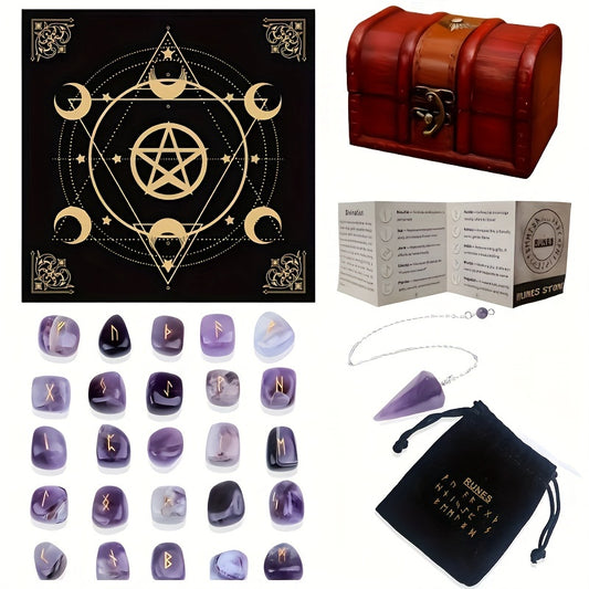 Collage of wiccan and pagan items including a pentacle card, red chest, rune stones, pendulum, and pouch.