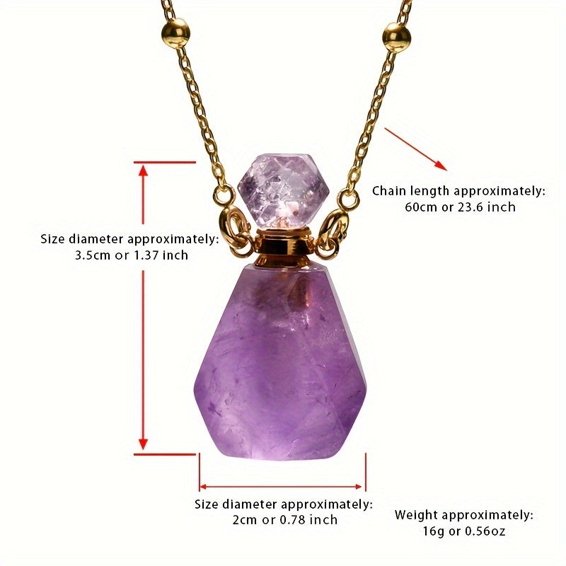 Natural crystal perfume bottle pendant necklace with faceted crystal design with product dimensions on a white background.
