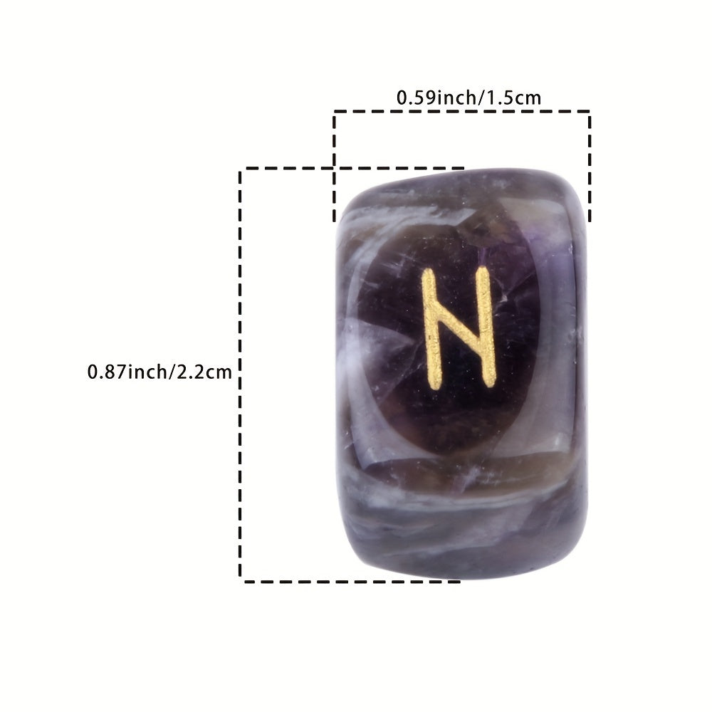 Amethyst crystal with gold rune 'H' and measurements on a white background
