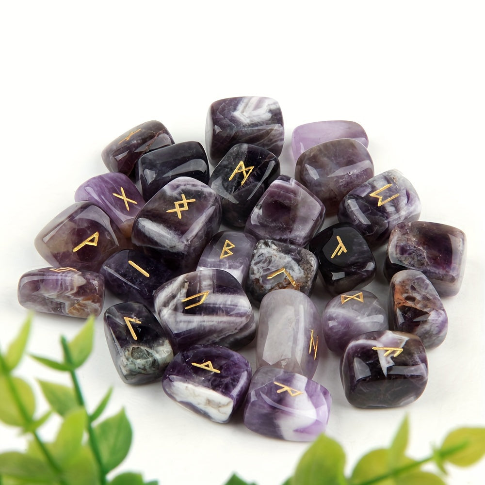 Amethyst runes stones with gold symbols on a white background