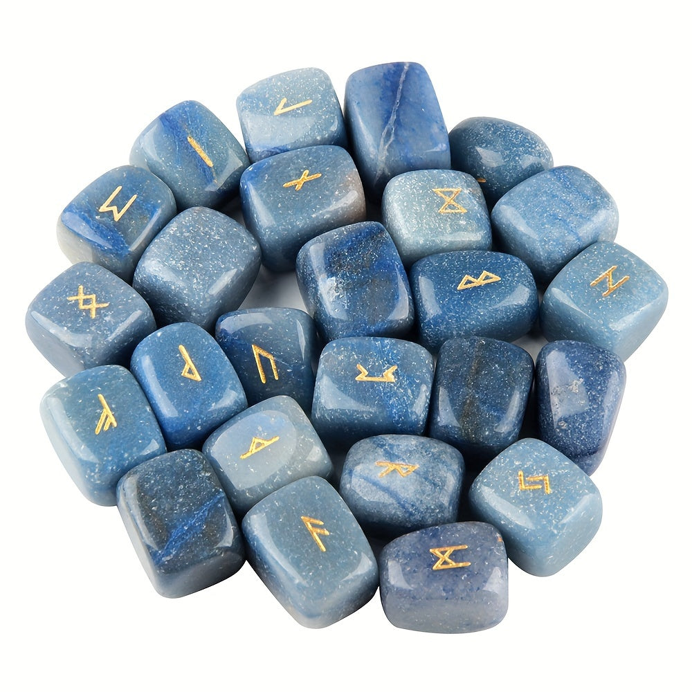 Blue stone dice with gold runes on a white background
