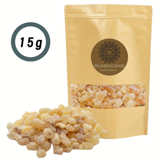 Packaged frankincense resin with a visible weight label on a white background