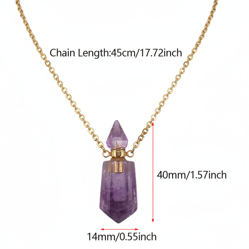 Natural purple gemstone prism perfume bottle necklace with gold plated stainless steel chain dimensions on a white background. 
