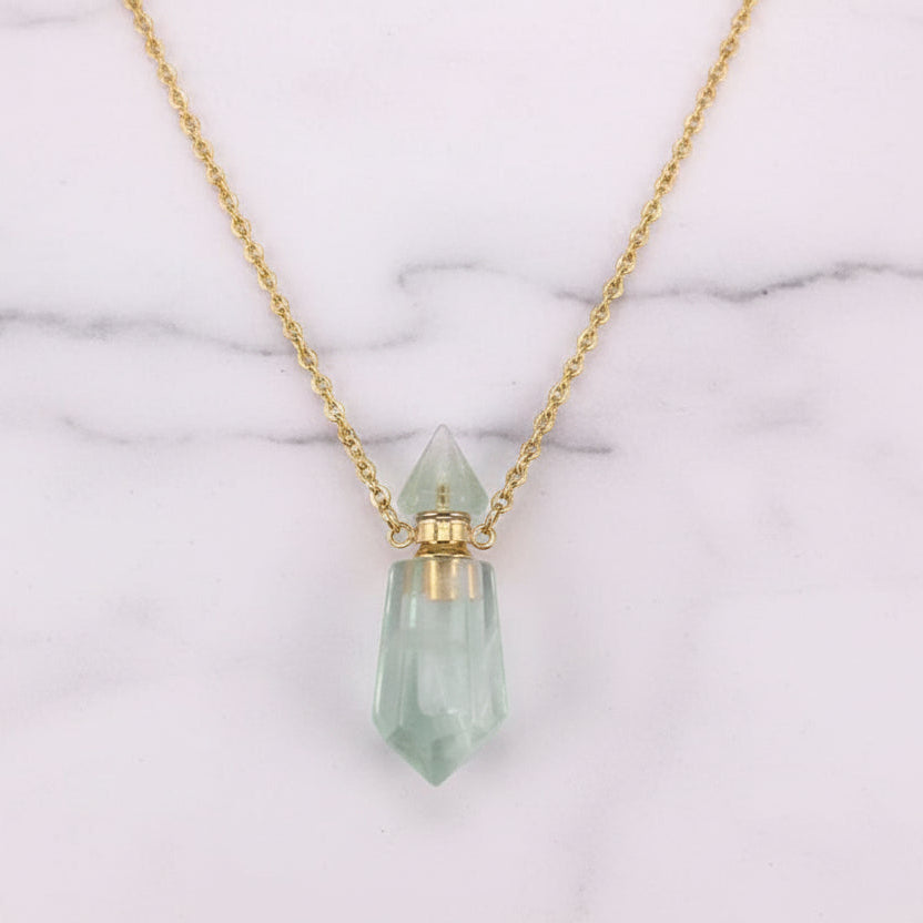 Natural green gemstone prism perfume bottle necklace with gold plated stainless steel chain
