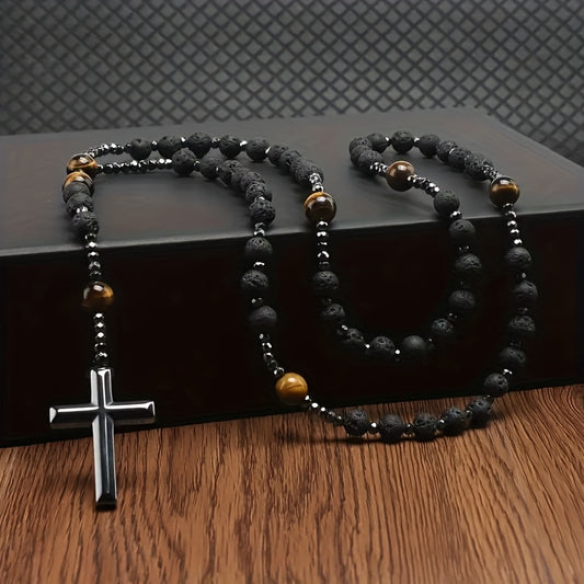 Natural stone cross pendant necklace with dark stone beads and polished cross pendant