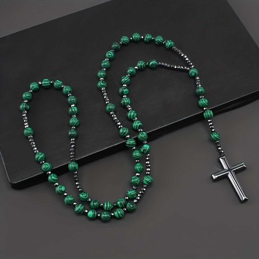 Natural stone cross pendant necklace with green stone beads and polished cross pendant