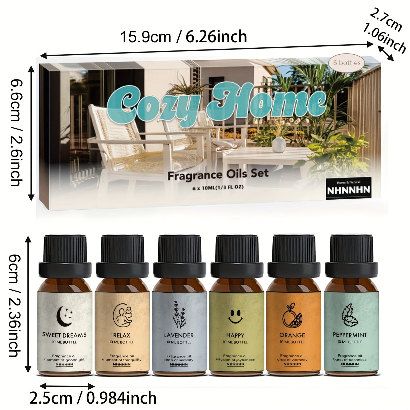 Fragrance oils set with packaging labeled 'Cozy Home' and dimensions displayed.