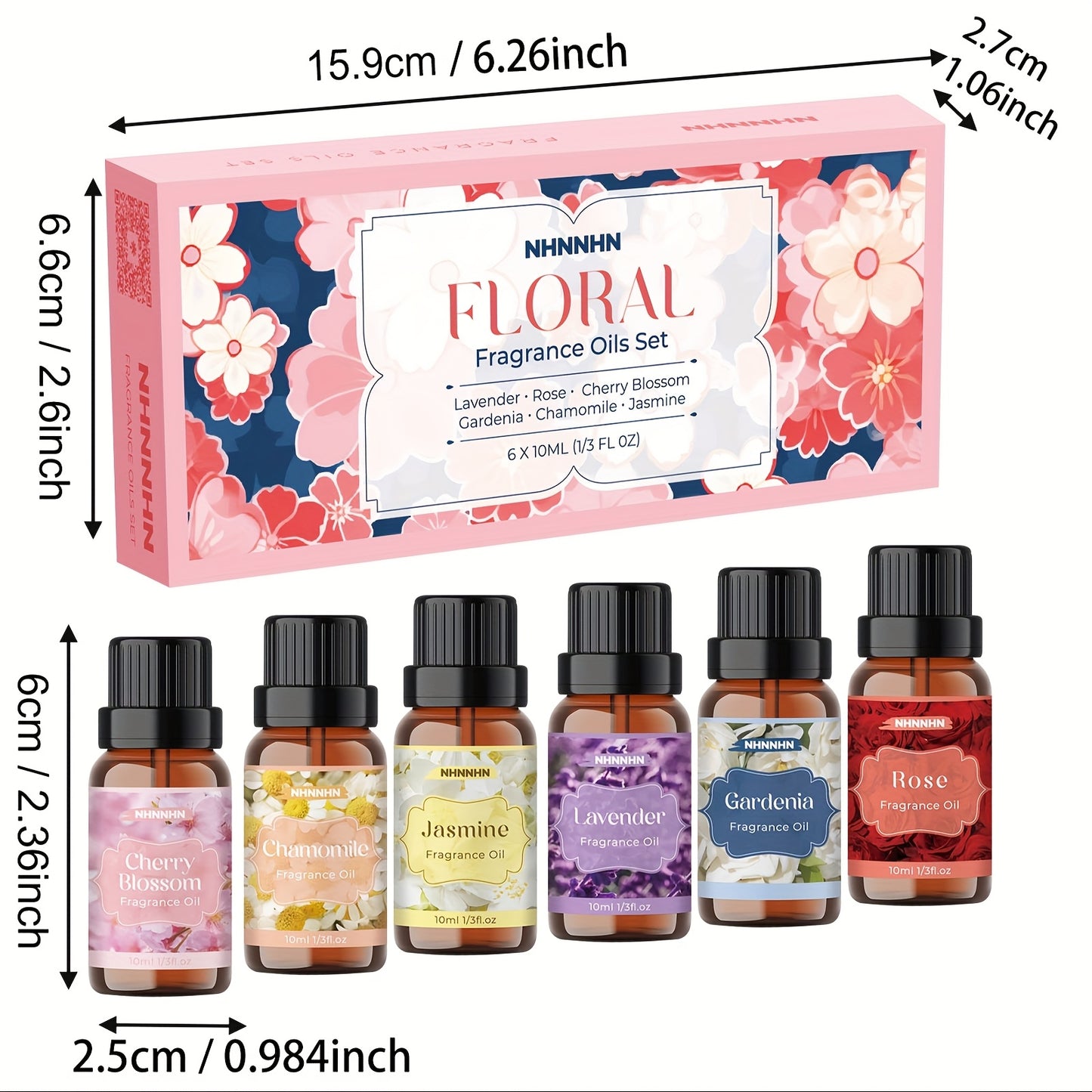 Nihonin Floral Fragrance Oils Set with dimensions and product packaging.