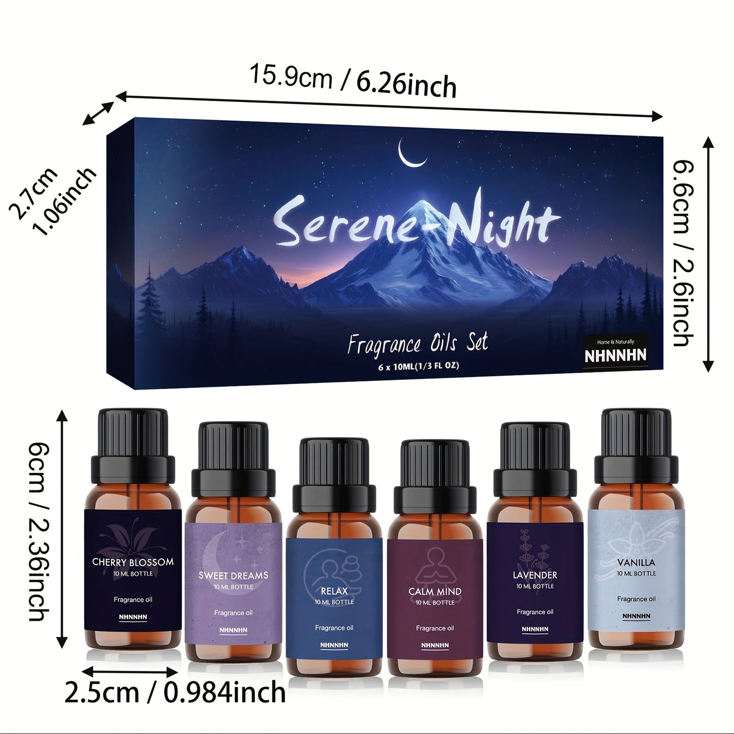 Serenity Night fragrance oils set with packaging dimensions displayed