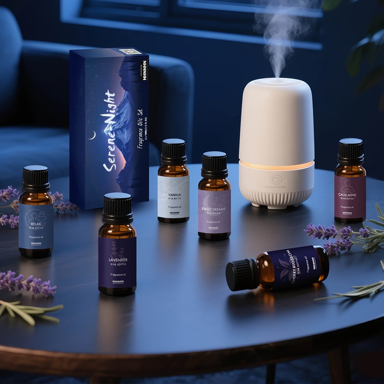 NHNNHN essential oils set displayed with diffuser for calm nighttime home fragrance

