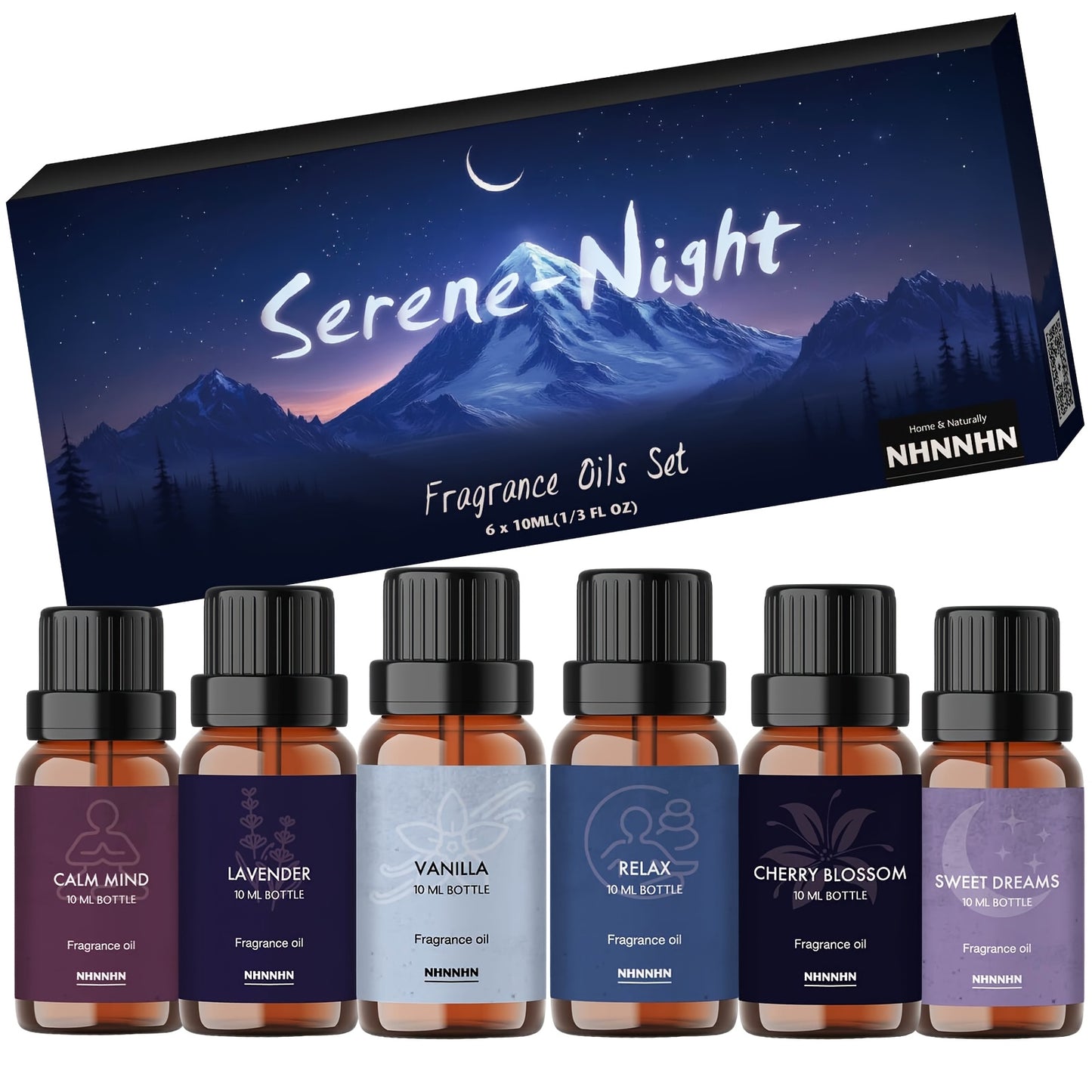 NHNNHN essential oils gift set with six 10ml glass bottles displayed in branded packaging with a night sky
