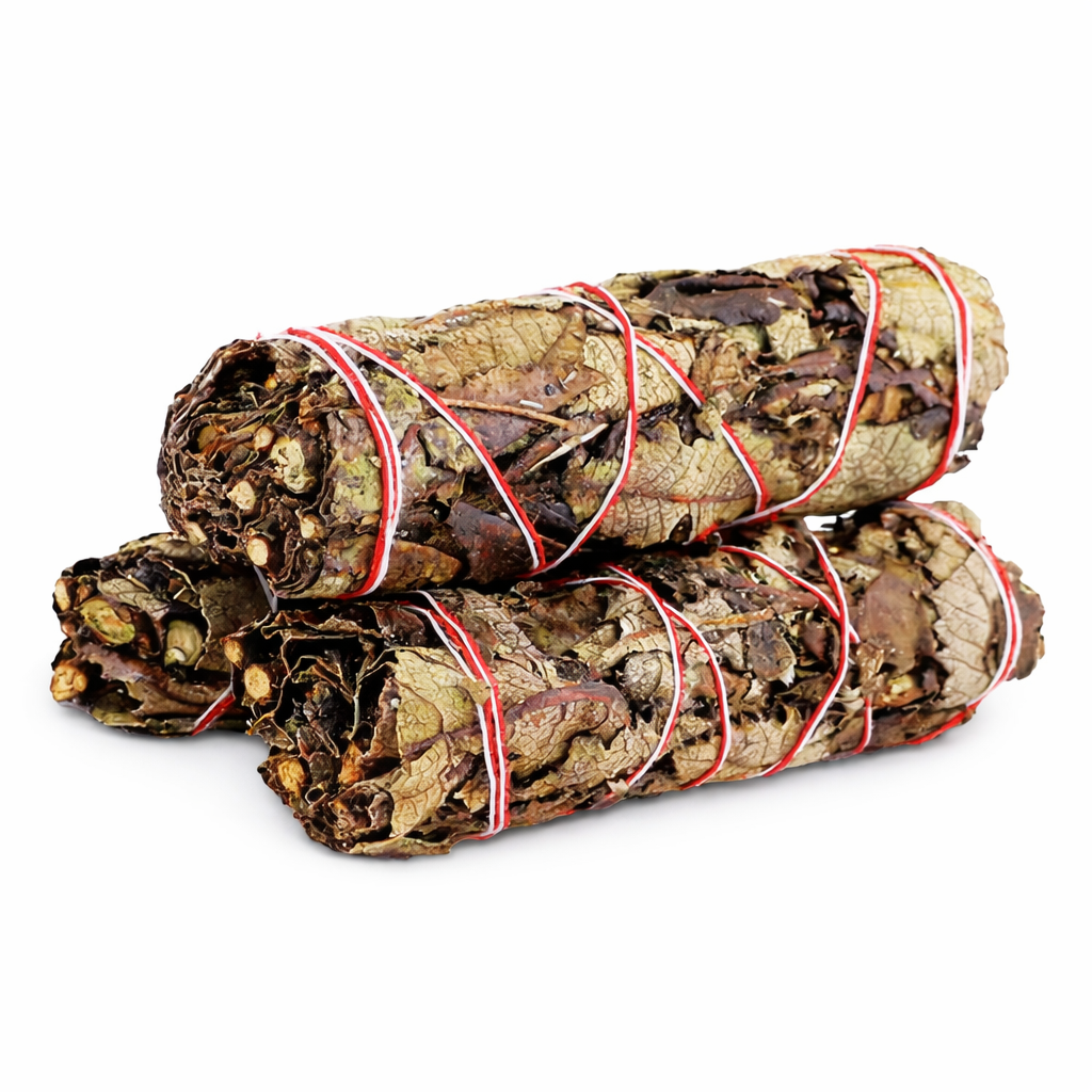 Three bundles of dried herbs tied with red string on a white background - Clover's Charm