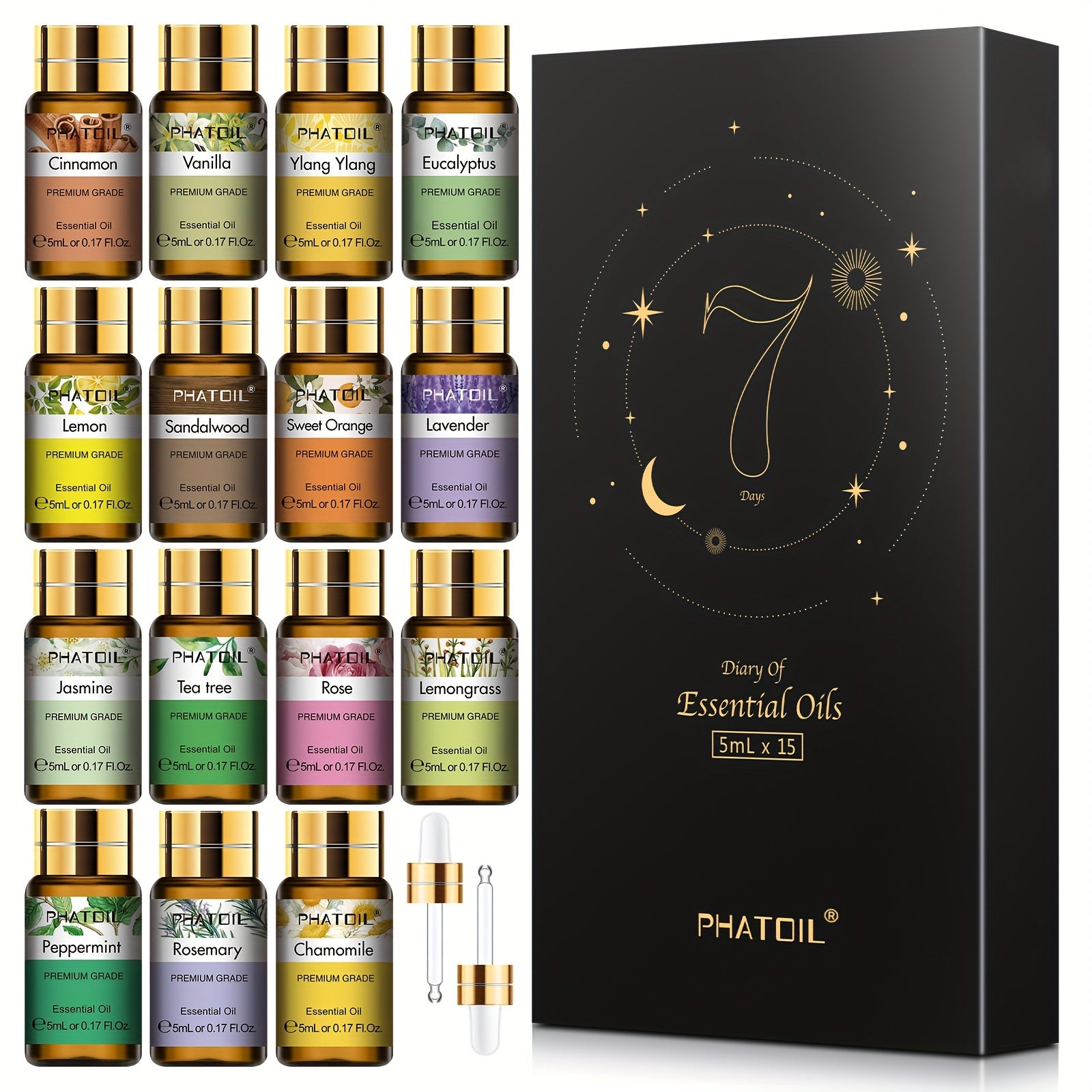 PHATOIL 15-piece essential oil set with labeled 5ml glass bottles and black gift box packaging on a white background.