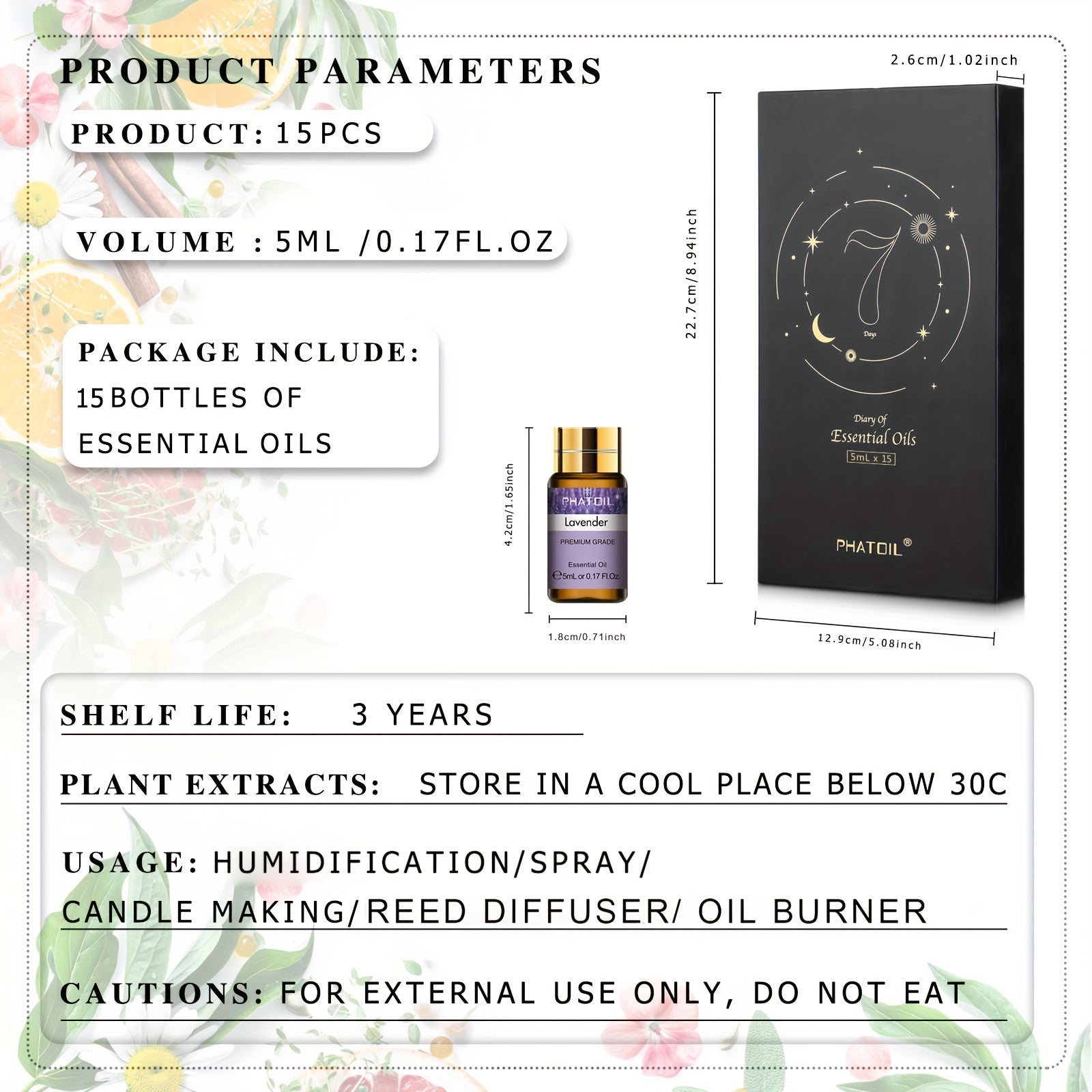 Product parameters of 15 essential oil bottles with packaging and usage instructions.