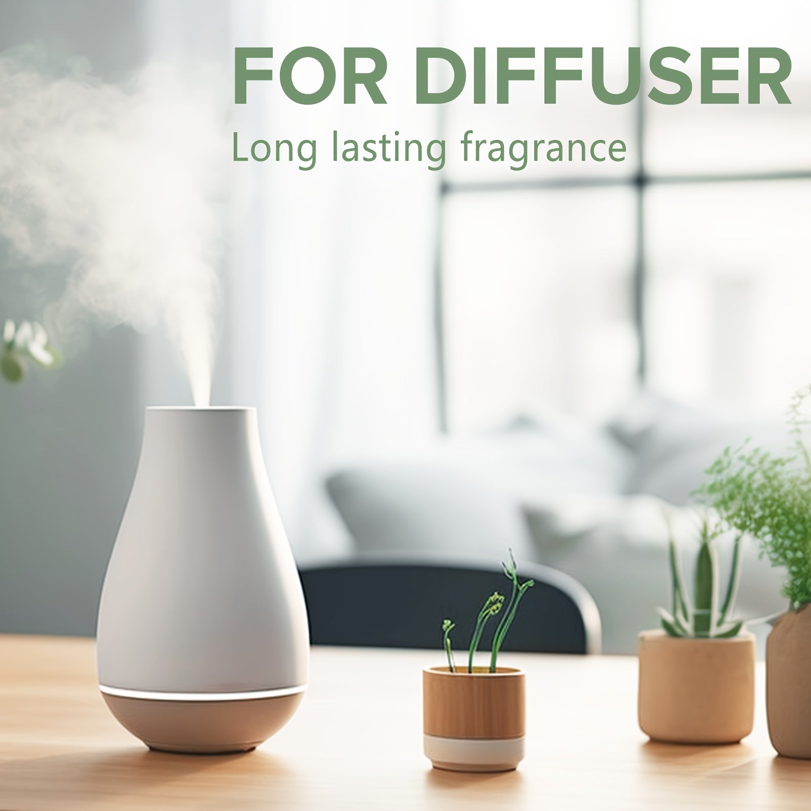 White diffuser on a table with potted plants, labeled 'FOR DIFFUSER Long lasting fragrance'.