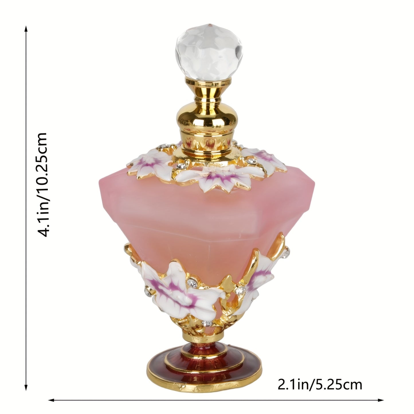 Pink diamond style glass perfume bottle with floral detail showing size dimensions