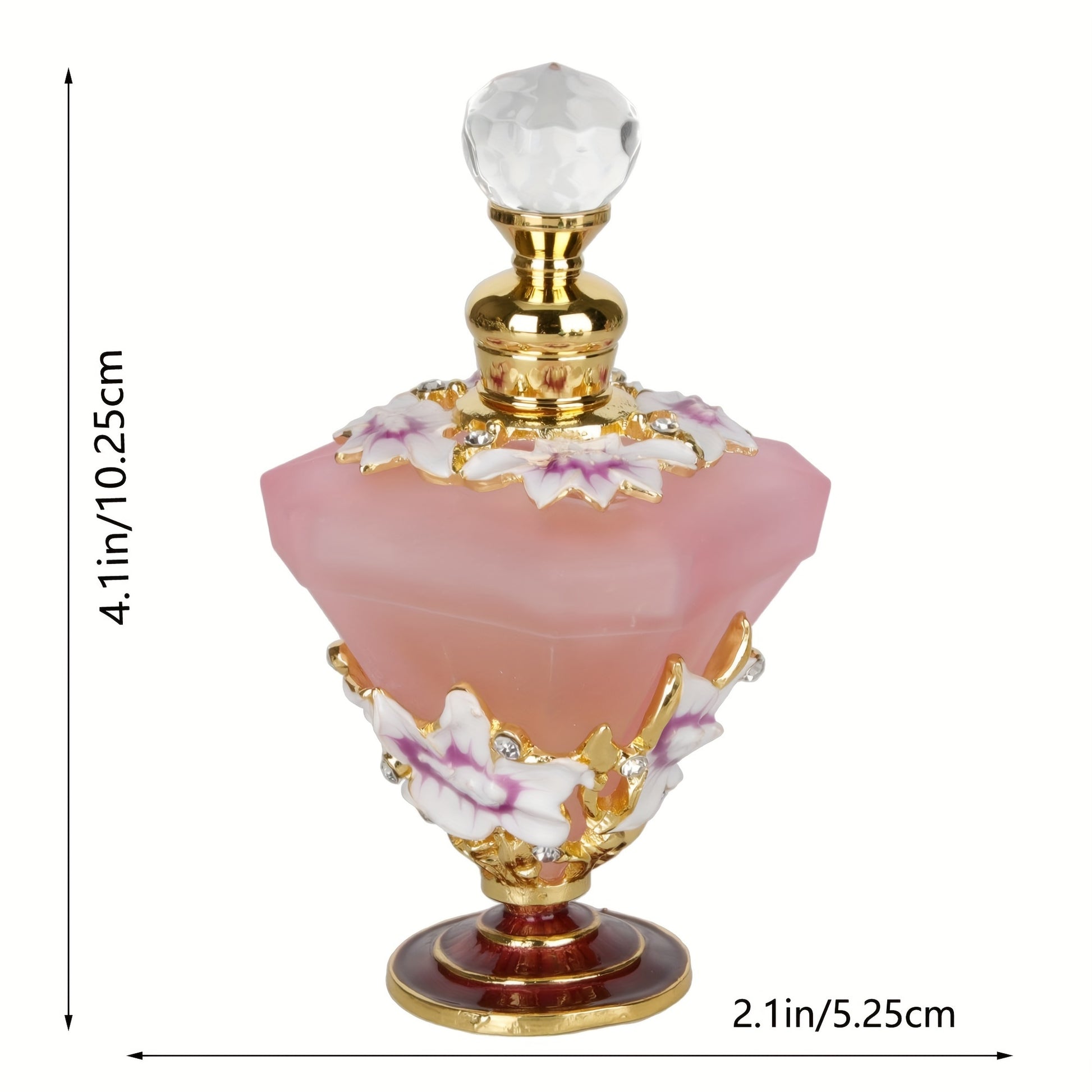 Pink diamond style glass perfume bottle with floral detail showing size dimensions