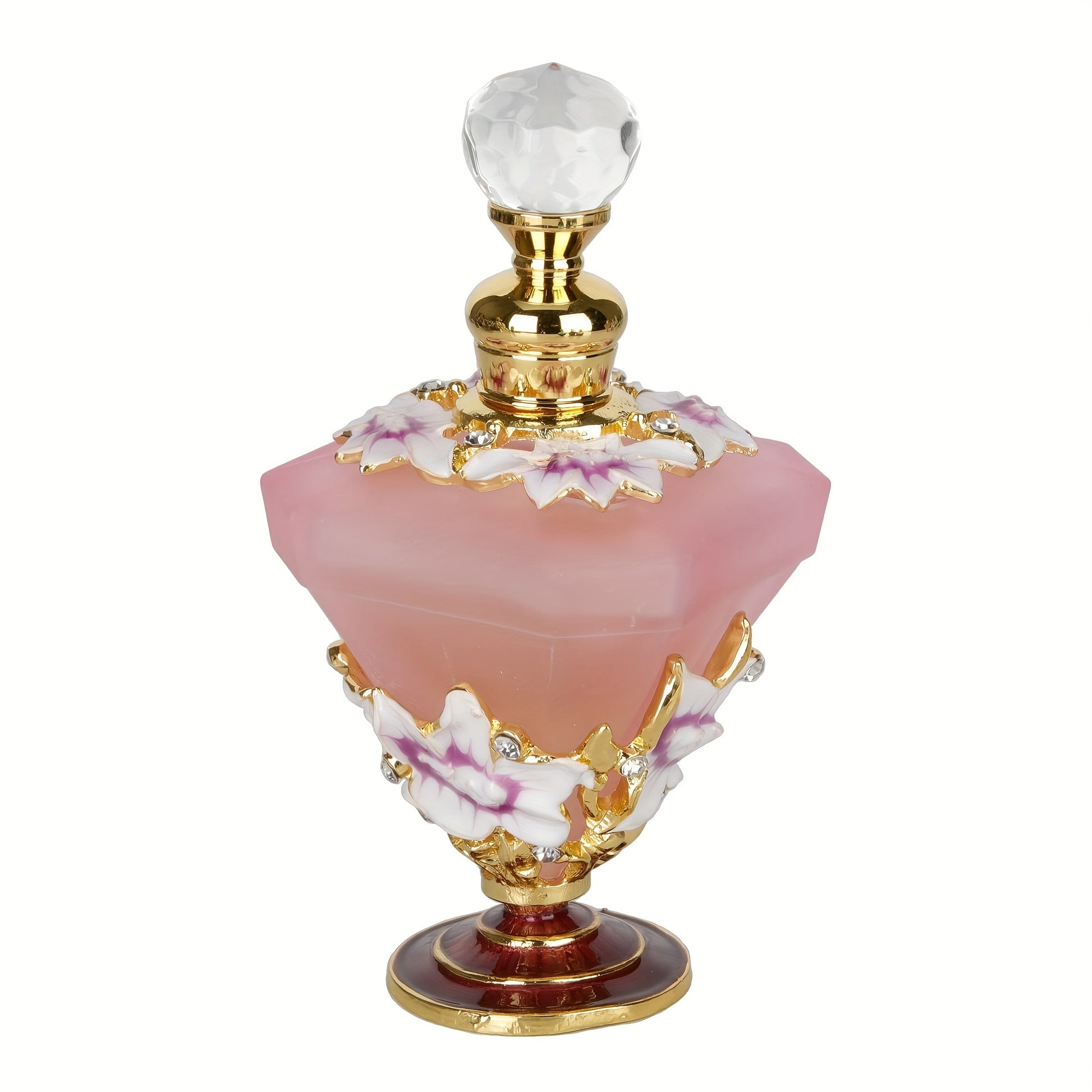Pink diamond style glass perfume bottle with floral detail and gold accents displayed on white background