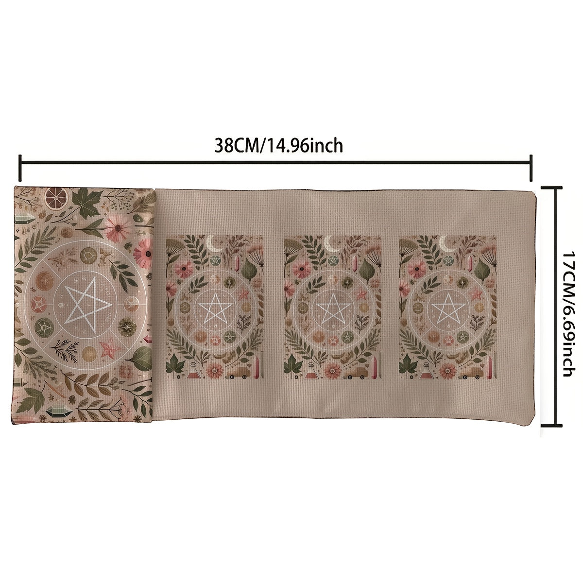 Folded fabric with floral and pentacle designs, shown with measurements on a white background.