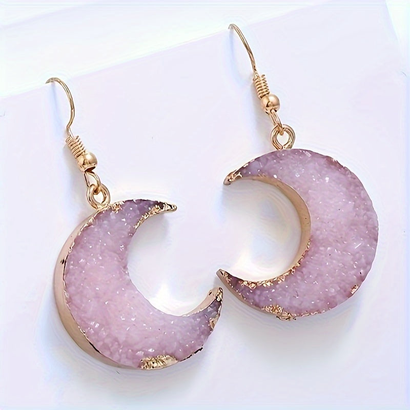 Pink Moonstone Crescent Earrings – Gold‑Trim Dangle Earrings for Women, Coquette & Boho Style on a white background