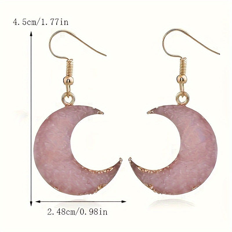 Pink Moonstone Crescent Earrings – Gold‑Trim Dangle Earrings for Women, Coquette & Boho Style on a white background displaying measurements