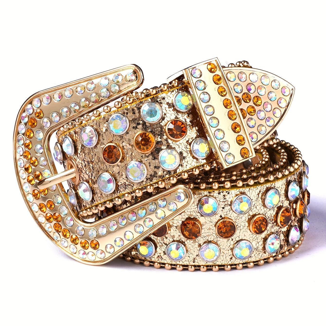 Punk rhinestone western belt with crystal stud detailing and wide gold buckle front view
