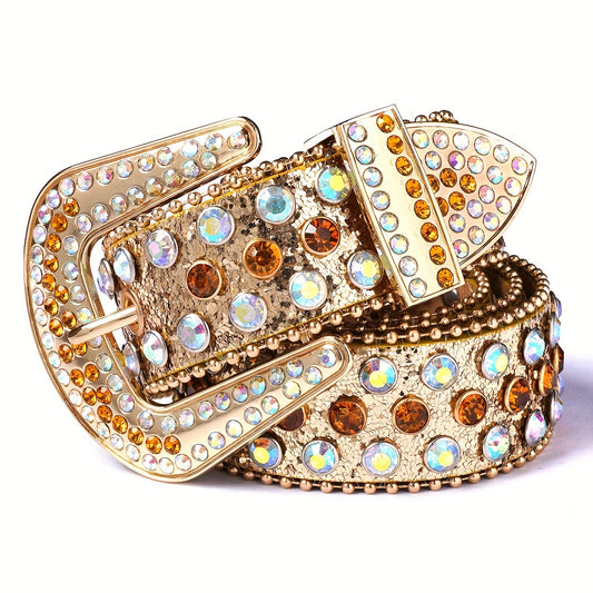 Punk rhinestone western belt with crystal stud detailing and wide gold buckle front view
