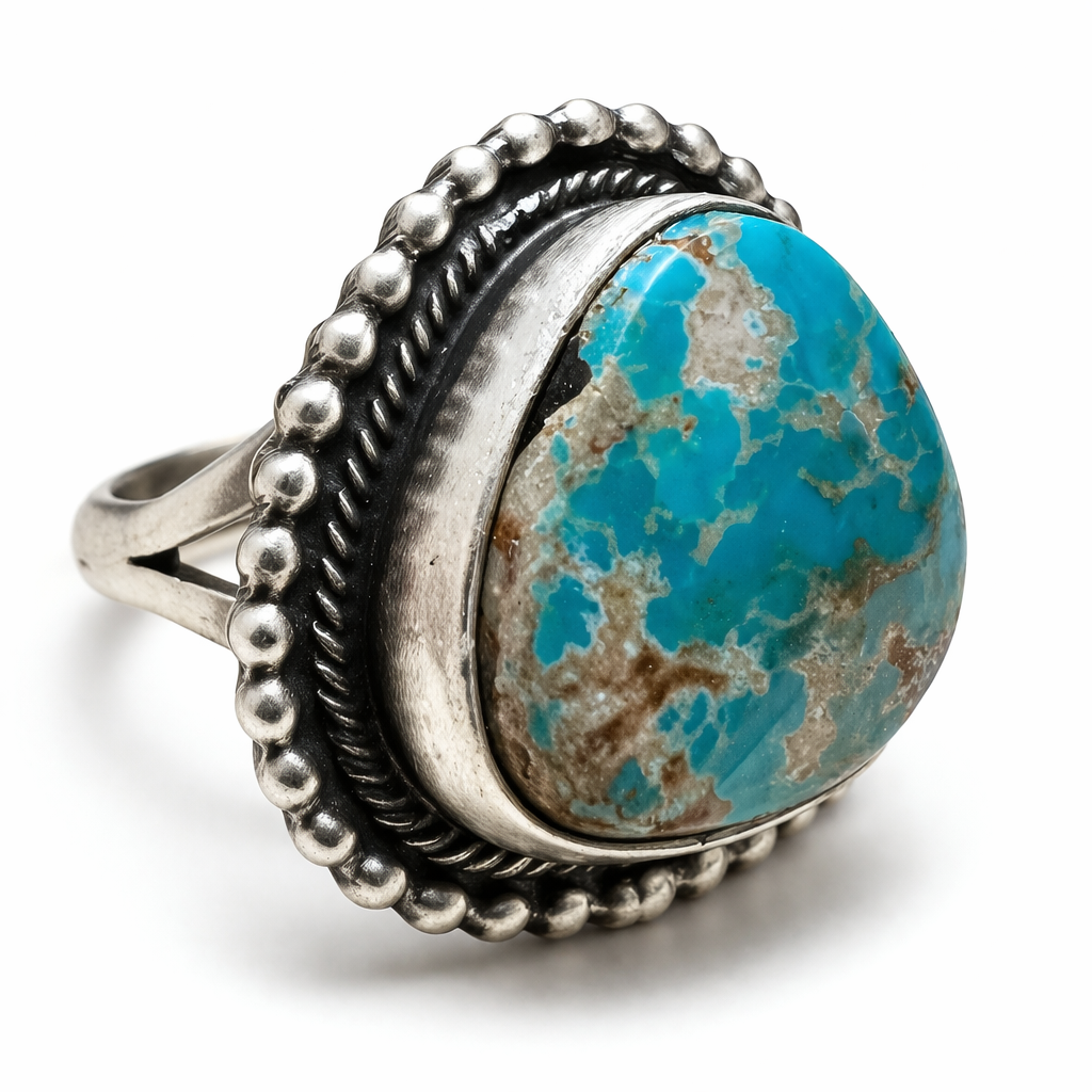 A Royston turquoise sterling silver ring size 9.5 handmade silver ring with natural turquoise stone on a white background.