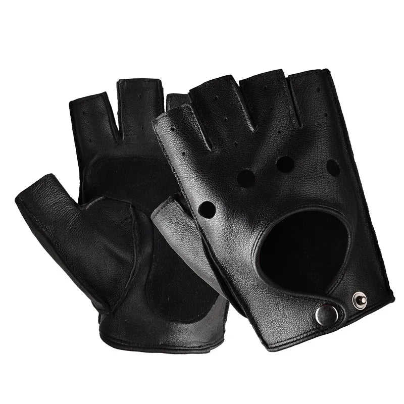 Black genuine cowhide fingerless gloves with snap wrist closure