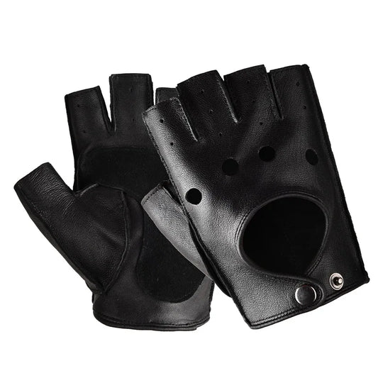 Black genuine cowhide fingerless gloves with snap wrist closure