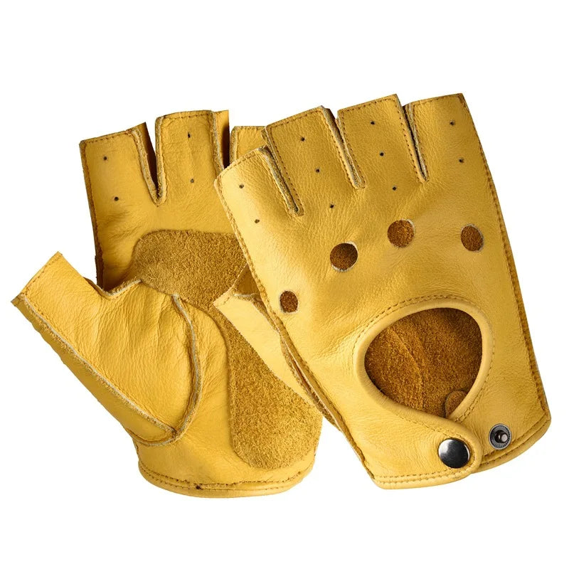 Real leather fingerless gloves in yellow genuine cowhide with perforated design
