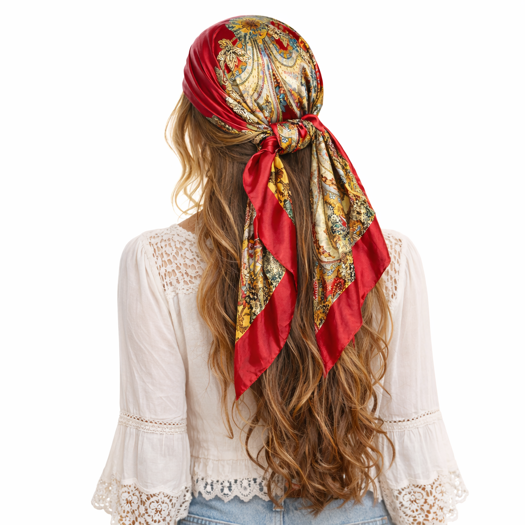 Person wearing a colorful paisley satin headscarf with red accents on a white background