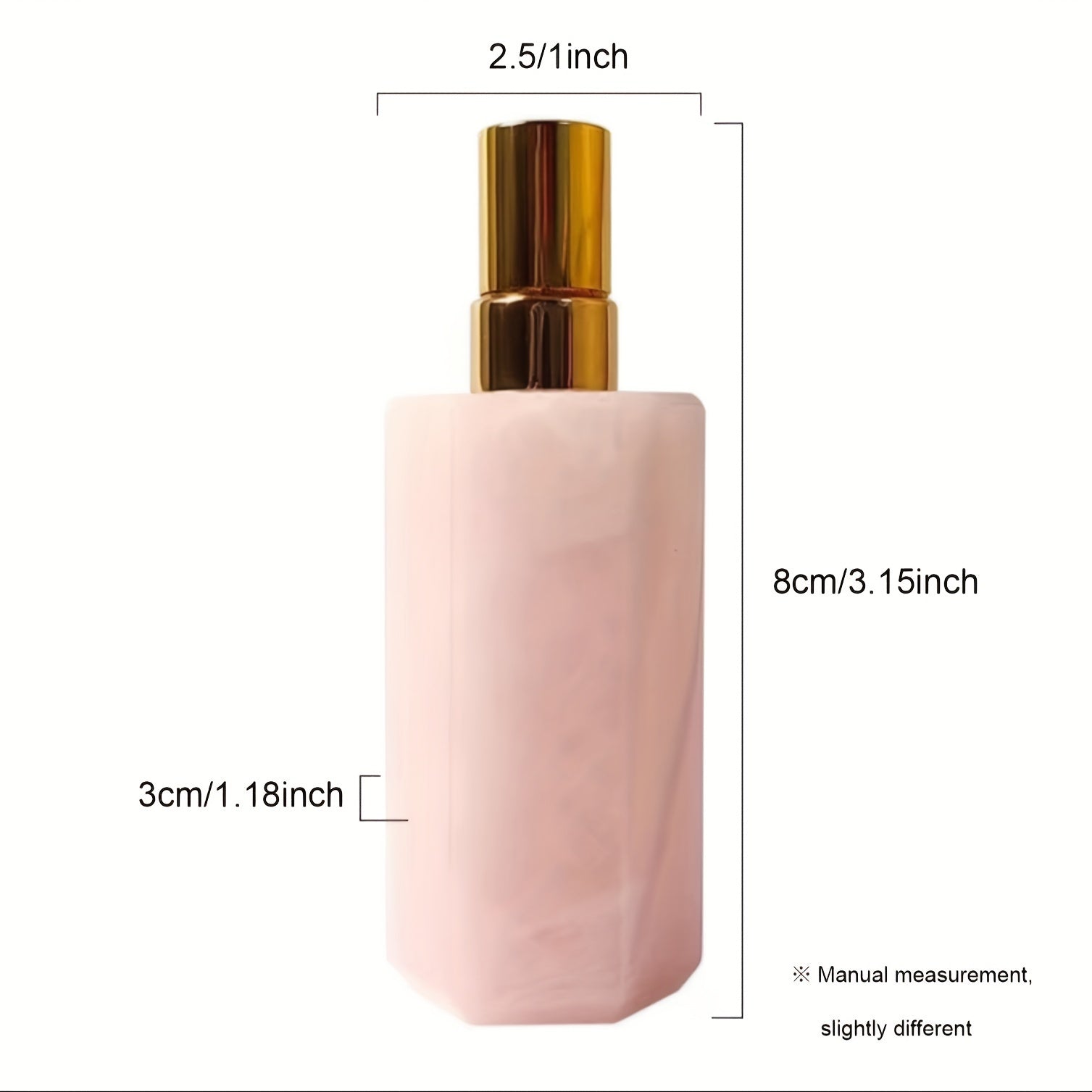 A pink Refillable natural crystal stone perfume bottle with size reference
