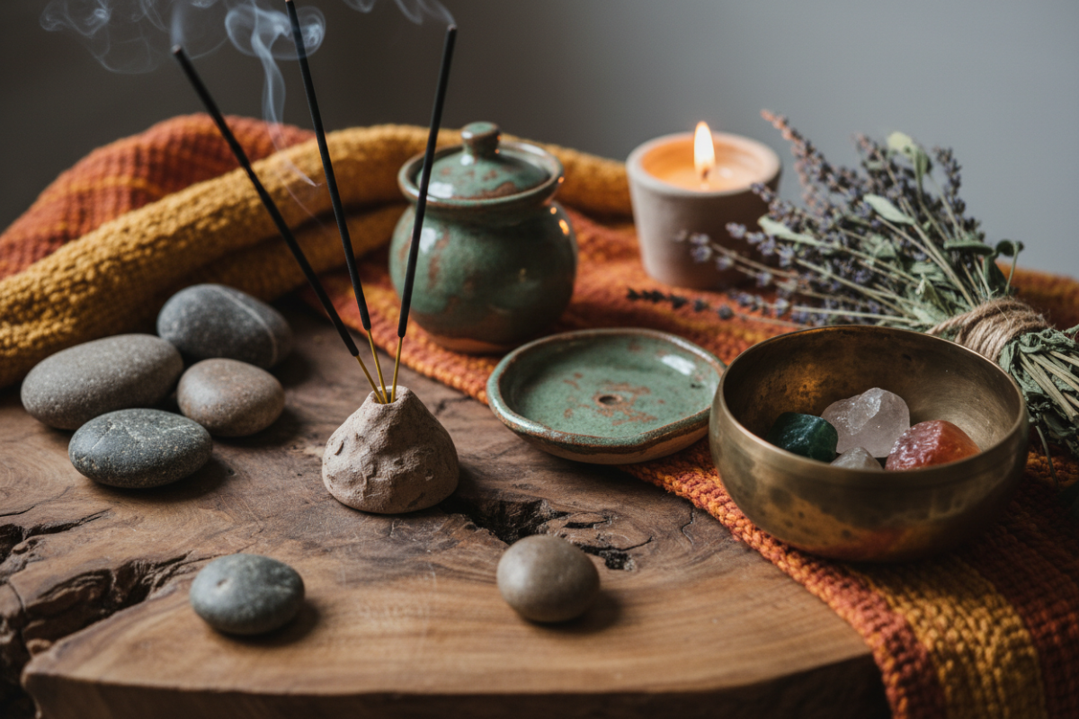 A still life arrangement with stones, incense, a candle, and a bowl on a wooden surface.