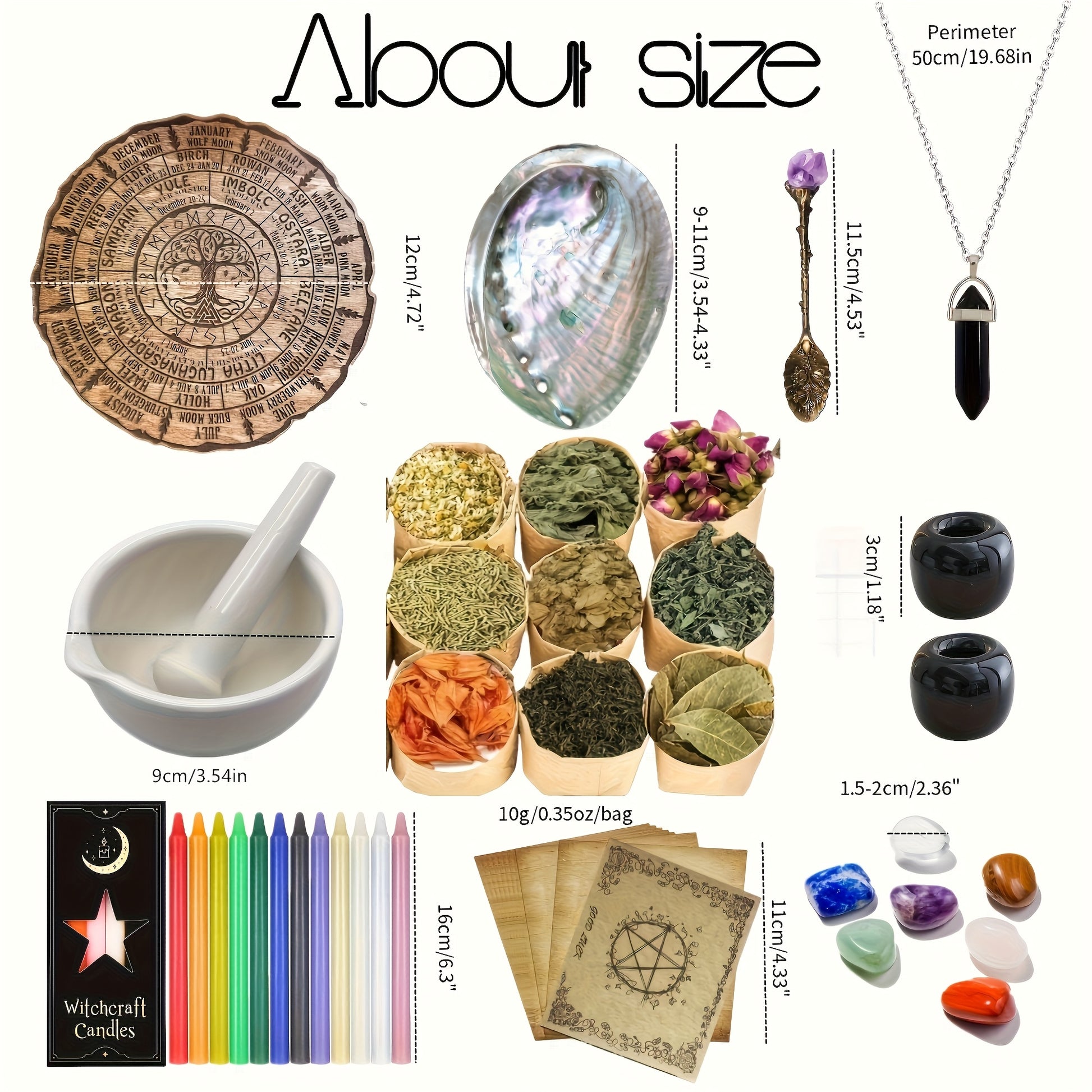 Collage of various items including a wooden wheel, crystals, candles, and other objects with measurements.