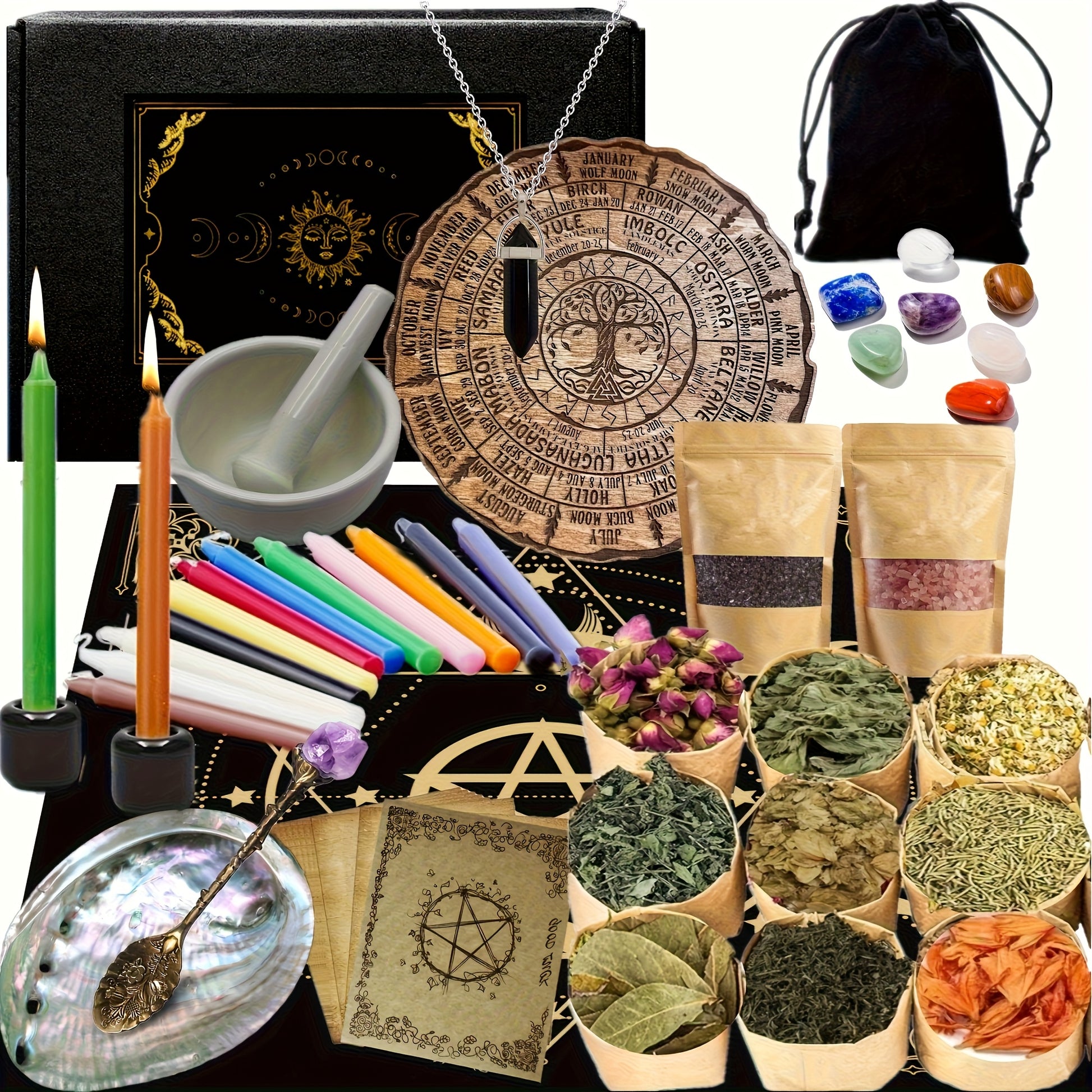 Ritual decor starter kit with mortar and pestle, crystals, soy candles, and dried botanicals arranged for altar decor complete