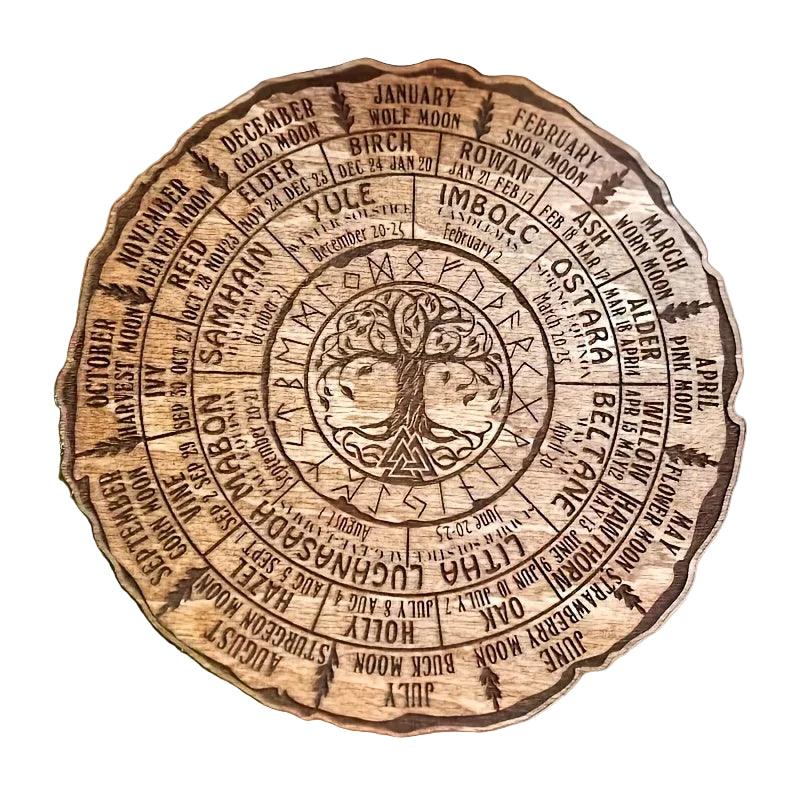 Wooden circular calendar with engraved tree of life and seasonal names.