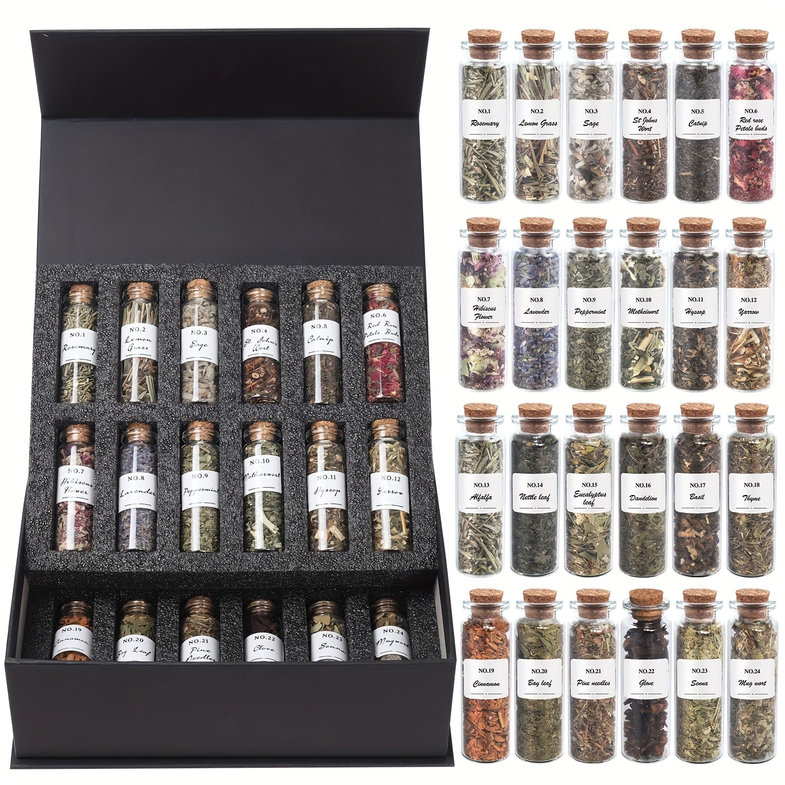 Ritual inspired botanical decor kit with 24 dried herbs in labeled glass vials displayed in gift box