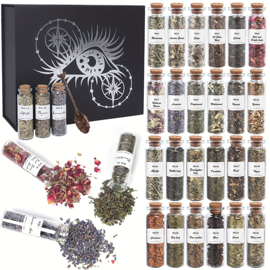 Ritual inspired botanical decor kit with glass vials, crystal spoon, and decorative box