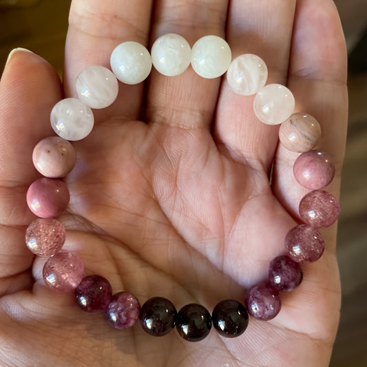 Rose Quartz, Rhodonite & Moonstone Triple Wrap Beaded Bracelet – Adjustable Natural Stone in palm