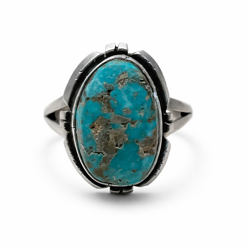Randy Billy Turquoise ring with sterling silver band on a white background