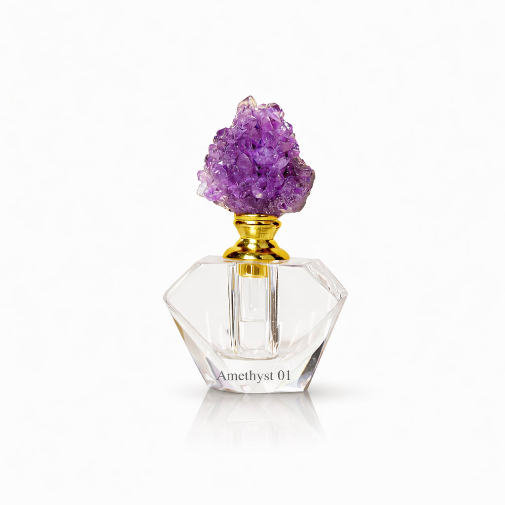 Perfume bottle with amethyst crystal top on a white background