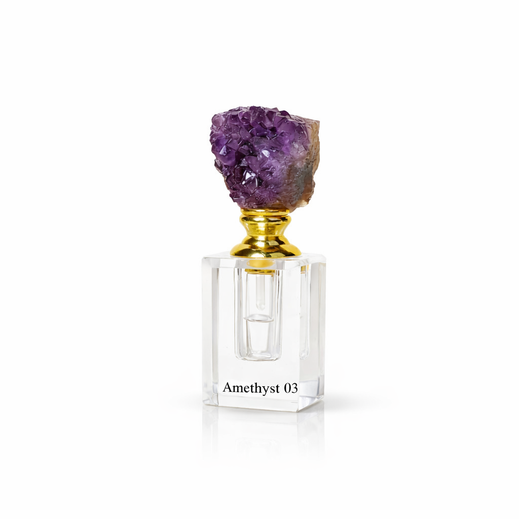 Perfume bottle with amethyst crystal cap on a white background