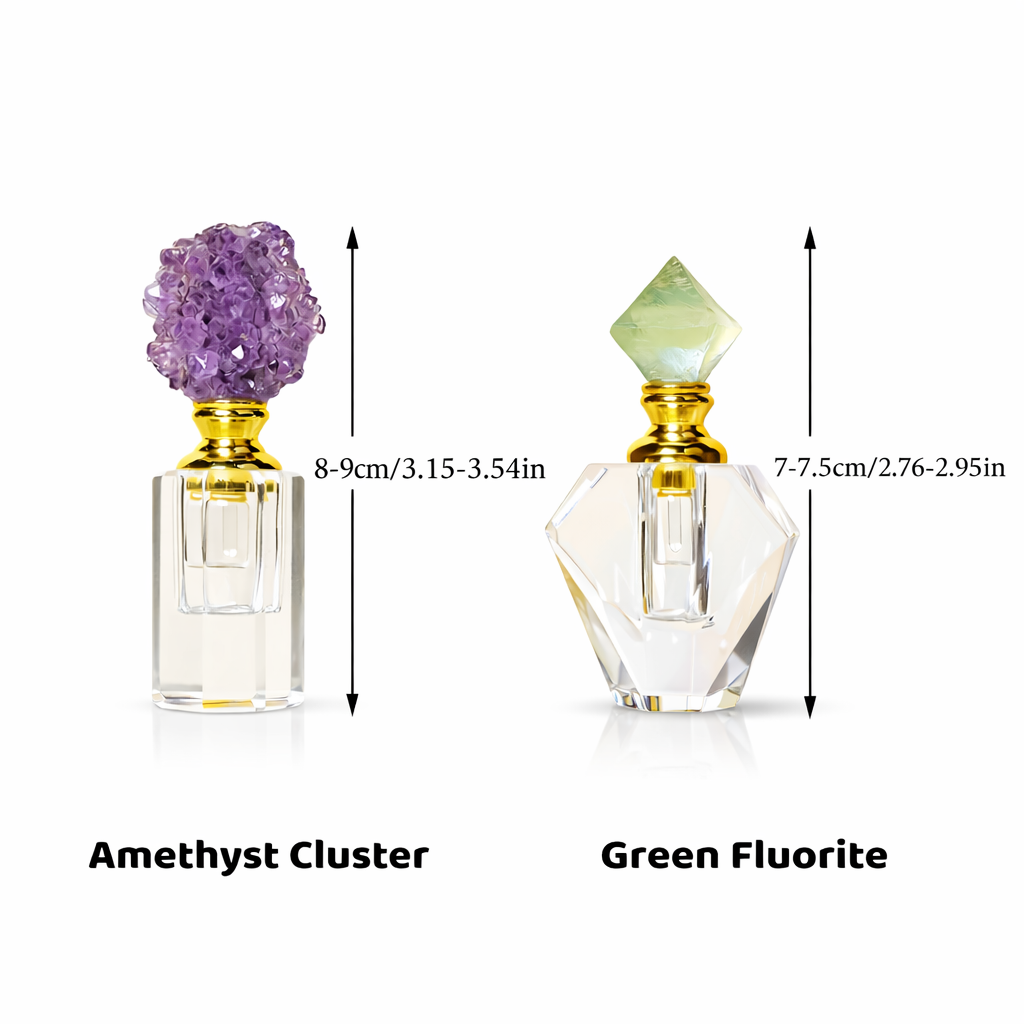 Two perfume bottles with decorative tops labeled 'Amethyst Cluster' and 'Green Fluorite', with measurements indicated.