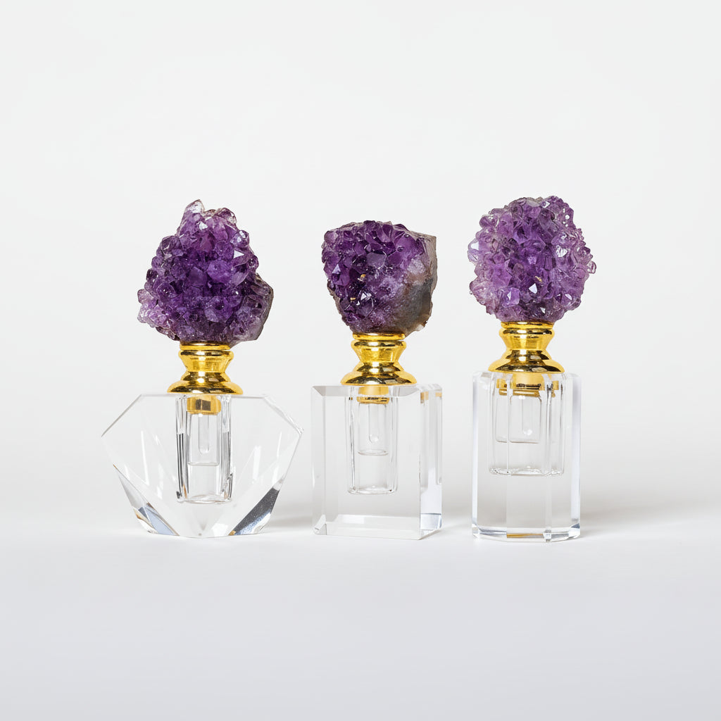 RUNYANGSHI Vintage Rectangle Crystal Gemstone Essential Oil Perfume Bottle - A set of 3 Decorative Natural Amethyst Cluster on a white background. 