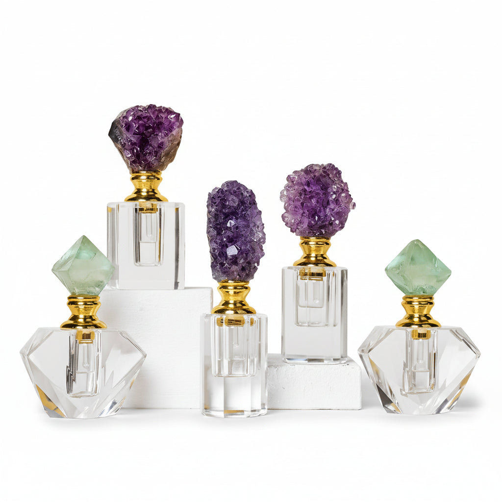 RUNYANGSHI crystal perfume bottle with amethyst and fluorite variants on a white background.